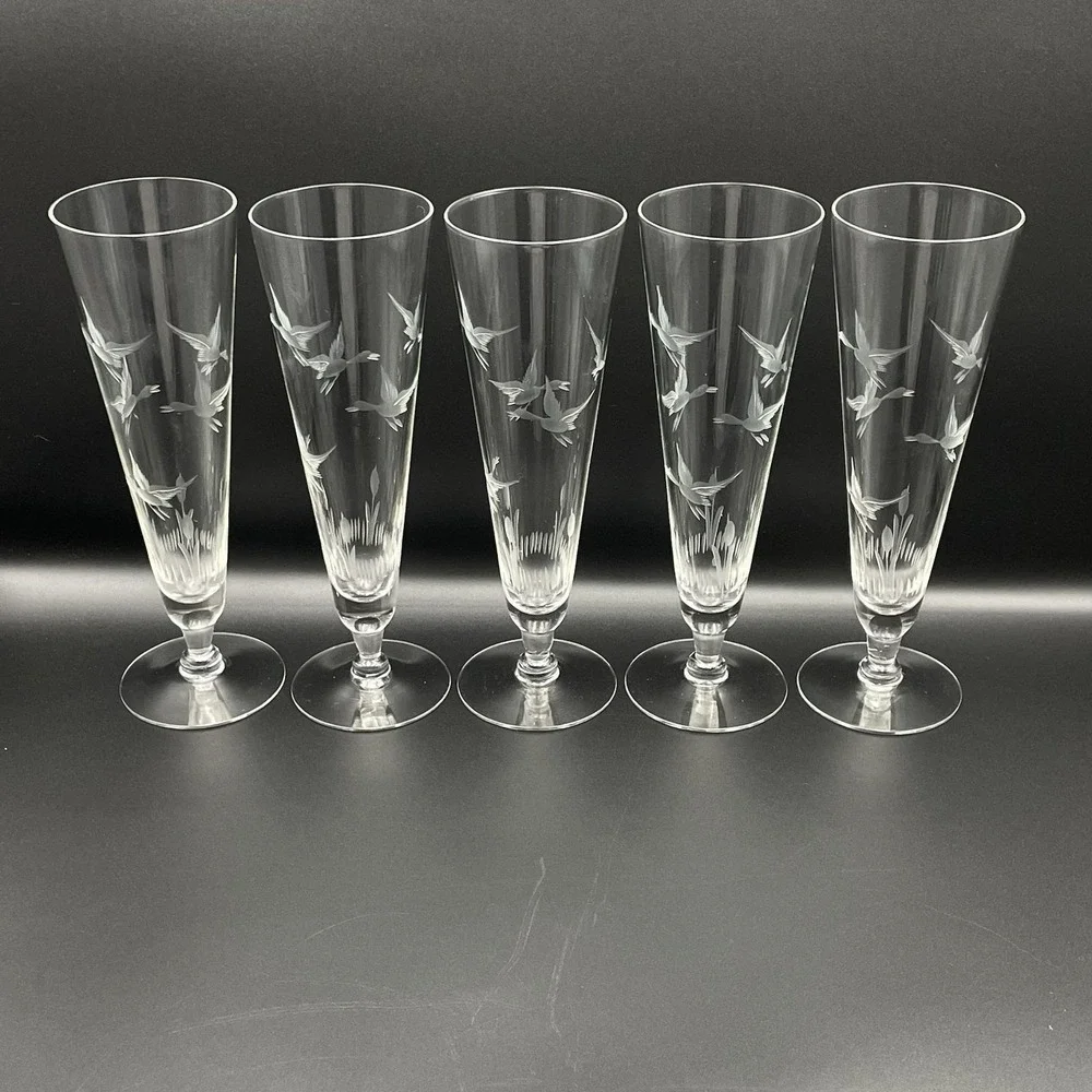 Vintage Etched Flying Ducks Cattails Pilsner Glasses Set Of 5 Elegant Glass